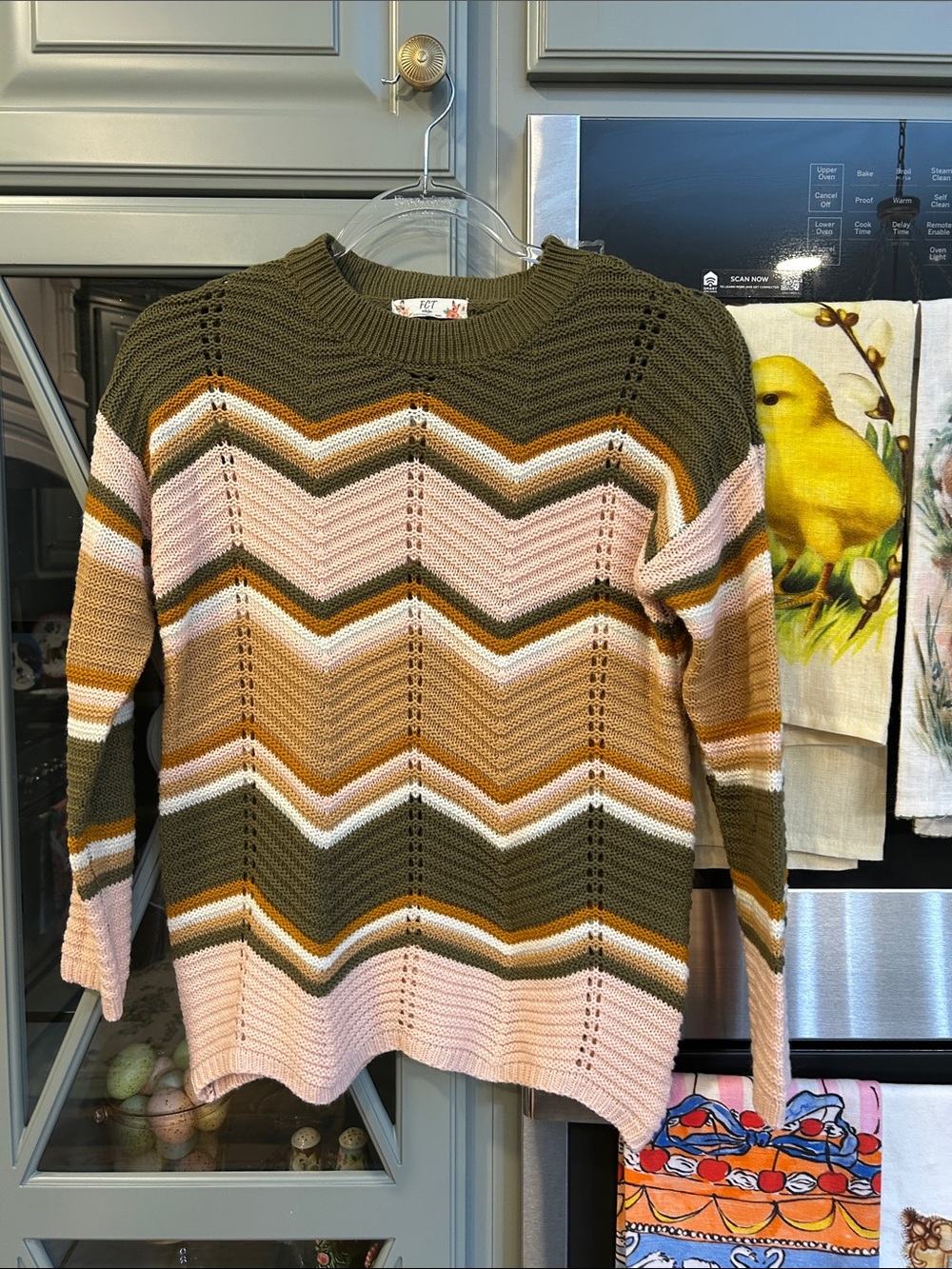 PCT Striped Chevron Crewneck Sweater — Olive, Pink & Tan